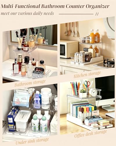 2 Pack Pull-Out Makeup Organizer 2 Tier Under-Sink Rack | Acrylic Countertop Organizer & 180° Swivel Drawer, Waterproof Sliding Storage for Bathroom Vanity, Kitchen Cabinet, Pantry