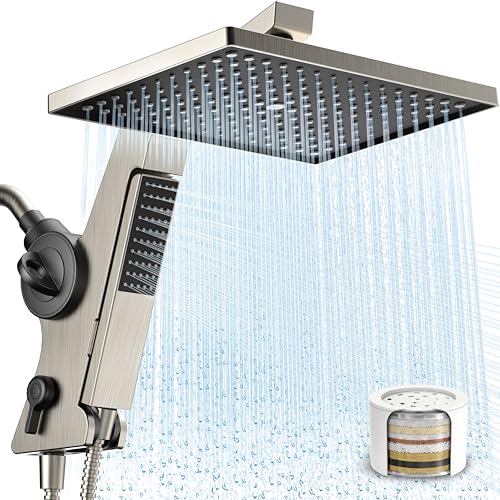 MakeFit Filtered Rain Shower Head with Handheld Combo High Pressure 12'' Rainfall Shower Heads & Hidden Detachable Wand Dual Showerhead Water Softener for Hard Water Easy Filter Replacement - color: Brushed Nickel