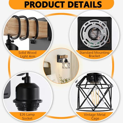 FadimiKoo Dimmable Wall Sconces Set of Two, Bedside Wall Mounted Lamp with Rotary Switch, Wooden Black Bathroom Light Fixtures with Metal Cage, Hardwired Farmhouse Wall Lights for Bedroom, Living Room - color: Black, size: 1-Light (2 Pack)