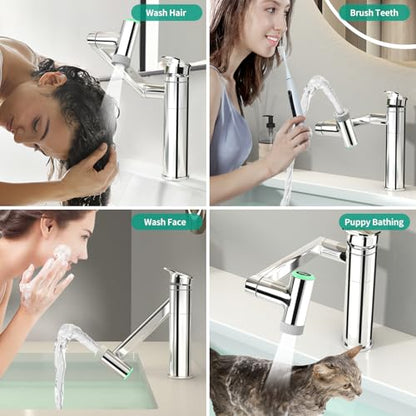 Modern Bathroom Faucet 1 Hole with Temperature Display, Chrome | Batteries-Free, 1080° Rotatable Single Hole Bathroom Faucet, Single Handle Bathroom Vanity Faucets, 2 Spray Modes - color: Chrome