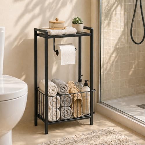 Bathroom Toilet Paper Holder Stand with Storage Basket and Top Shelf, Free-Standing Toilet Tissue Organizer for Small Bathrooms, Metal Toilet Paper Rack with Magazine Holder – Matte Black - color: Black