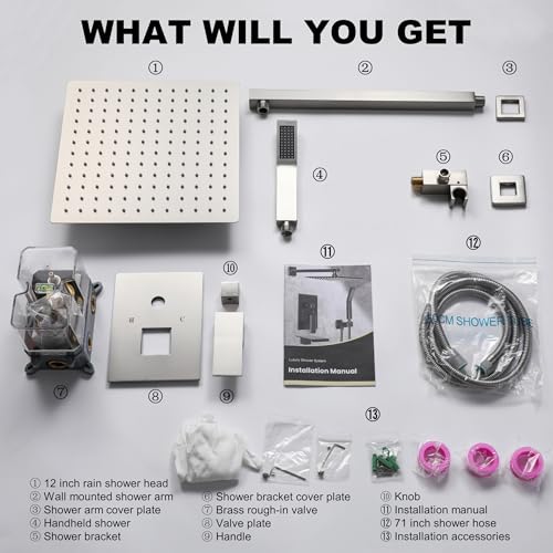 Brushed Nickel Shower System with 12-Inch Rain Showerhead and Handheld | Innovative air-injection technology for low pressure, high-flow rate up to 3.22 GPM ensuring powerful consistent stream - color: Brushed Nickel, style: 12"-Without Tub Spout
