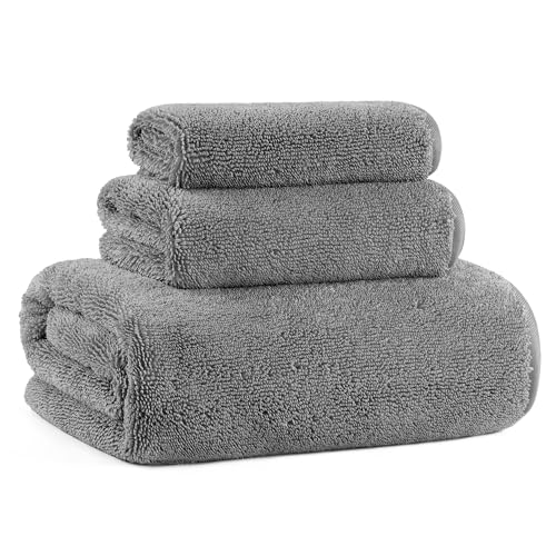MICROFI Ring Spun Terry Microfiber Bath Towel Set, 3 Piece, Oversize, Quick Dry, Lint Free, Includes Bath, face, and Hand Towels (Gray) - color: Gray