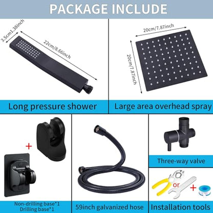 Rainfall Shower Head with Handheld Combo High Pressure, Dual Shower Head 8 Inch Square with Long Hose, Rain Showerhead with Handheld Sprayer(black)