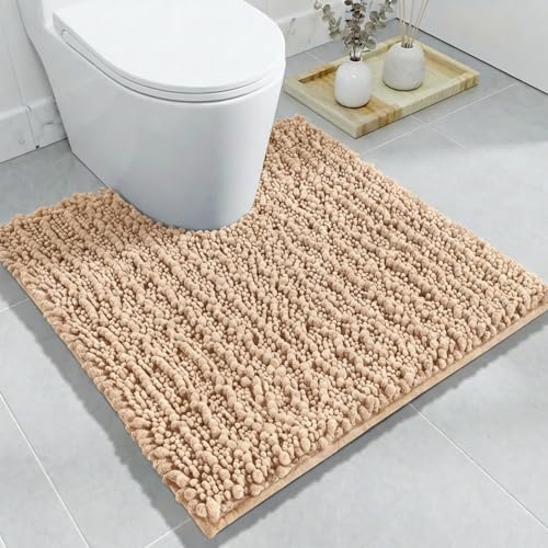 Disolla Toilet Rug 24x24 Inch - Beige U-Shaped Bathroom Floor Mat, Soft Shaggy Plush Absorbent Chenille Contour Rug, Non-Slip Washable Pedestal Base Rug - color: Beige, size: 2' x 2' (24''x24'' Toilet Rug)