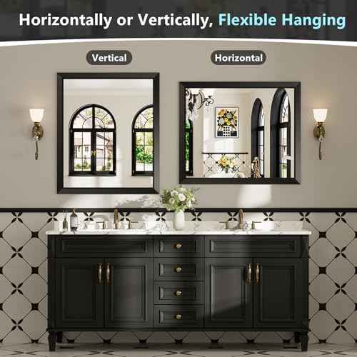 20x28 Inch Black Bathroom Mirror for Wall, Beveled Framed Rectangle Bathroom Vanity Mirrors for Over Sink, Bedroom, Living Room, Entryway, Anti-Rust, HD Tempered Glass, Horizontally/Vertically - size: 20"L x 28"W
