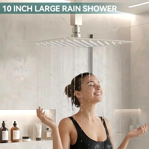 STARBATH Shower Faucet Set Shower System with Diverter Valve Brushed Nickel | 10" Ceiling Mount Rain Shower Head and Handheld Spray for Two Person, Shower Set with Valve and Trim Kit Complete - color: Brushed Nickel, size: 10"-02