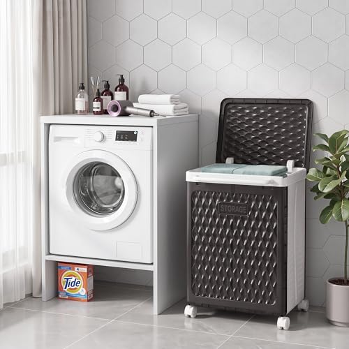 VECELO Rolling Laundry Hamper with Wheels and Lid, Foldable Plastic Laundry Basket with Handle, Rolling Divided Laundry Cart for Small Spaces, Laundry, Bathroom, Bedroom, Black - color: Black