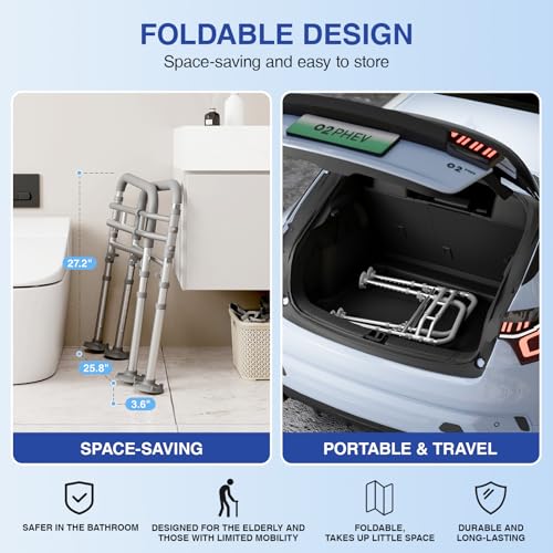 Foldable Toilet Safety Rails for Seniors, Height & Width Adjustable | Safety Frame & Toilet Handles for Elderly & Disabled, Fits Most Toilets, 350lb Capacity, Gray - color: Gray
