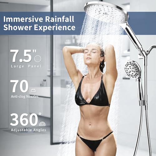 High Pressure Dual Shower Head with Handheld Spray Combo | 9 Spray Modes Handheld Showerhead, Double Rainfall Structure, Waterfall Shower Equipped with 79-Inch Hose, Chrome Finish - color: Chrome