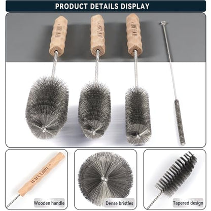 4pcs Household Pipe Cleaning Brush Set with Stainless Steel Bristles, 17 in Extra Long Stainless Steel Handle, Kitchen Scrub Cleaning Brushes, Lab Brushes for Auto Parts, Machinery, Water Pumps, Etc.
