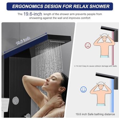 ROVATE 4-in-1 Rainfall Waterfall Shower Panel Tower System, Black | Shower Column with Body Massage Jets and Handheld, Stainless Steel High Pressure, Use Multiple Functions Simultaneously - color: Black Finish
