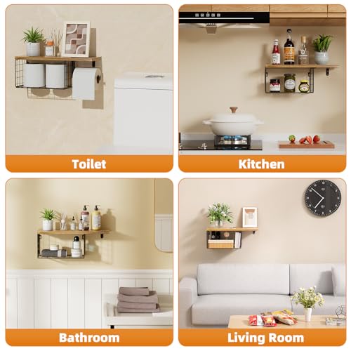 VITVITI Toilet Paper Holder with Shelf, Wall Mounted Storage Basket, Brown | Farmhouse Wall Mount Toilet Paper Holder Shelves, Wood Metal Toilet Roll Wipes Holder for Bathroom - color: Brown