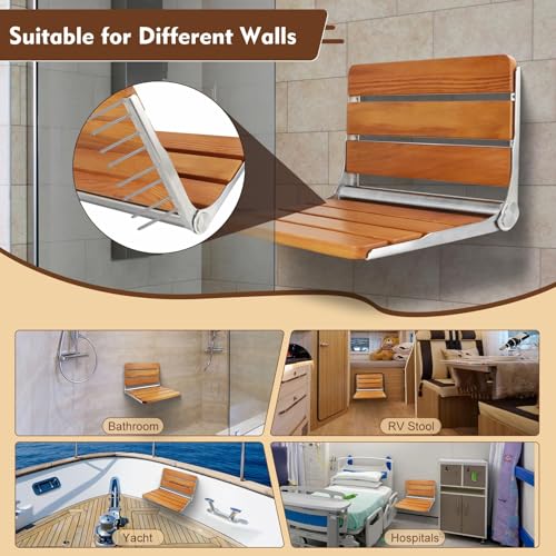 18” Teak Folding Shower Seat Wall Mounted, 400 lbs Heavy Duty Fold Down Shower Bench, Space Saving Bathroom Shower Chair with Stainless Steel Frame, Non-Slip Spa Seat for Elderly & Small Spaces - color: Yellow, size: 18 inchs