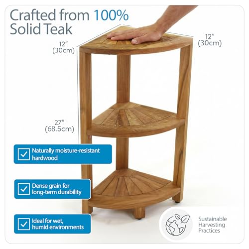 AquaTeak Kai-Petite 12" Teak Corner Shelf Stand, 3 Tier Shower Stand | Space-Saving Design, Durable Water-Resistant Teak, Anti-Slip Feet