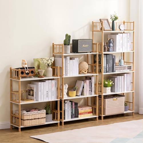 4-Tier Expandable Freestanding Open Bamboo Book Shelf - No-Tool Assembly & Modular,Bathroom Storage Shelf Unit Plant Stand for Small Space, Bedroom, Living Room, Home Office (White, 4-Tier WithRail) - color: White 4-tier-2