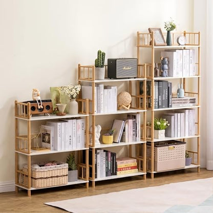 4-Tier Expandable Freestanding Open Bamboo Book Shelf - No-Tool Assembly & Modular,Bathroom Storage Shelf Unit Plant Stand for Small Space, Bedroom, Living Room, Home Office (White, 4-Tier WithRail) - color: White 4-tier-2