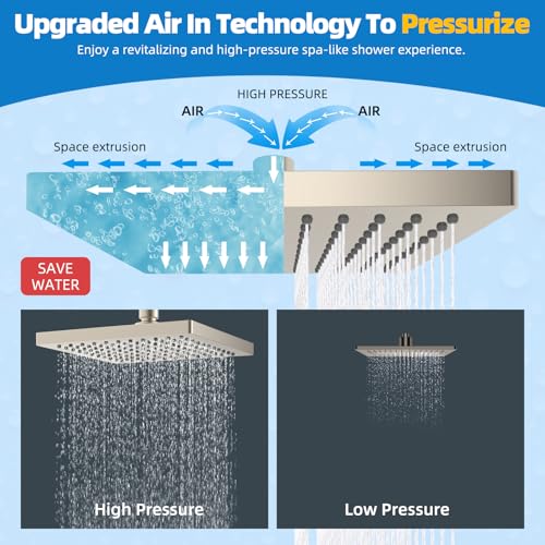 Hibbent cUPC Certified Thickness Metal 8'' Rain Shower Head, Brushed Nickel | High Pressure Shower Head, Bathroom Waterfall Shower Heads, High Flow Fixed Showerheads with Adjustable Brass Ball Joint - color: Brushed Nickel, style: Square 8''