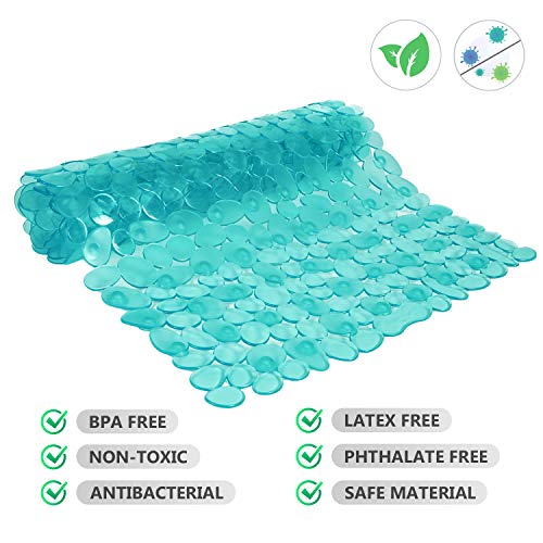 WELTRXE Non Slip Bath Mat Pebbles Bathtub Mat with Suction Cups, Drain Holes for Bathroom Showers, Tub, 35 x 16 Inches Machine Washable Bathroom Mats BPA, Latex Free Safe Shower Mats - Teal - color: Pebbles-clear Teal, size: 35" x 16" (Rectangular)