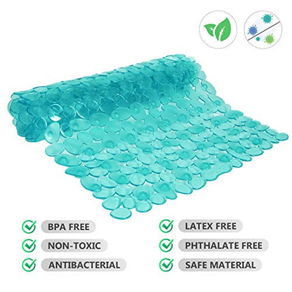 WELTRXE Non Slip Bath Mat Pebbles Bathtub Mat with Suction Cups, Drain Holes for Bathroom Showers, Tub, 35 x 16 Inches Machine Washable Bathroom Mats BPA, Latex Free Safe Shower Mats - Teal - color: Pebbles-clear Teal, size: 35" x 16" (Rectangular)