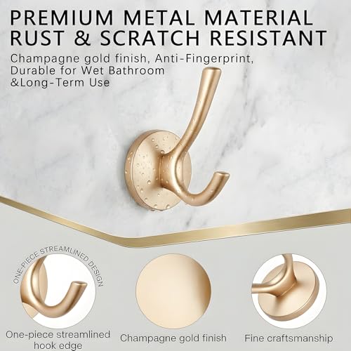 Matte Gold Towel Hooks 4 Pack, Heavy Duty Zinc Alloy Double Prong Coat Robe Hooks, Wall Mounted Towel Hooks for Bathroom, Kitchen, Closet, Garage, Entryway (195gold) - color: Brushed gold