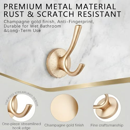 Matte Gold Towel Hooks 4 Pack, Heavy Duty Zinc Alloy Double Prong Coat Robe Hooks, Wall Mounted Towel Hooks for Bathroom, Kitchen, Closet, Garage, Entryway (195gold) - color: Brushed gold