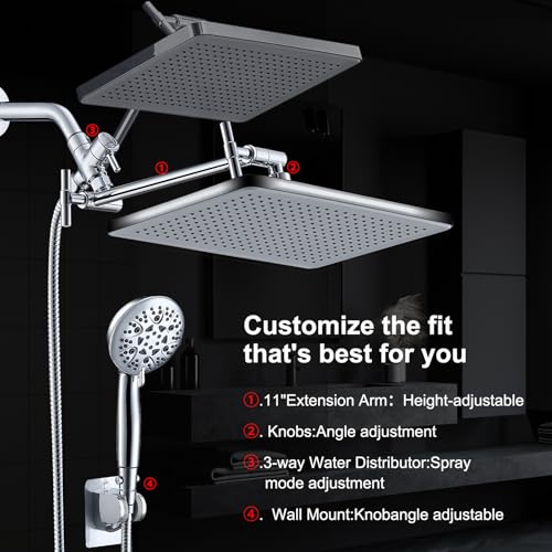 Rain Shower Head Combo-14''Rainfall ShowerHead,8 Modes Handheld with ON/OFF Pause Switch, Double High Pressure Shower heads with Hose,Adjustable and detachable for Couple and Kids - style: Contemporary