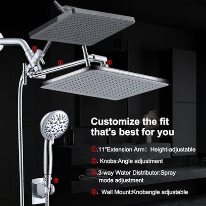 Rain Shower Head Combo-14''Rainfall ShowerHead,8 Modes Handheld with ON/OFF Pause Switch, Double High Pressure Shower heads with Hose,Adjustable and detachable for Couple and Kids - style: Contemporary