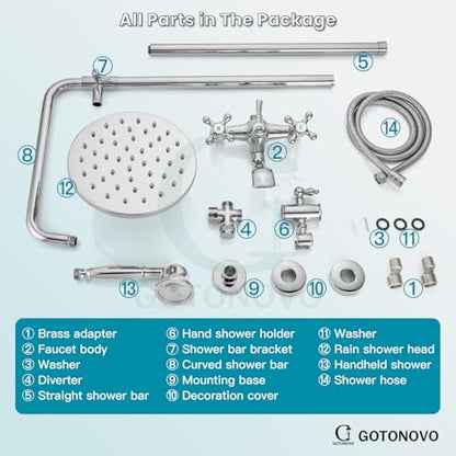 gotonovo Exposed Shower Tub Faucet Set 3 Function Wall Mount,Polish Chrome | Shower System Fixtures with Tub Spout,8” Rain Head and Handheld,360°Rotation,Adjustable Height,for 5-6.7" Hole,Outdoor/Indoor - color: Chrome