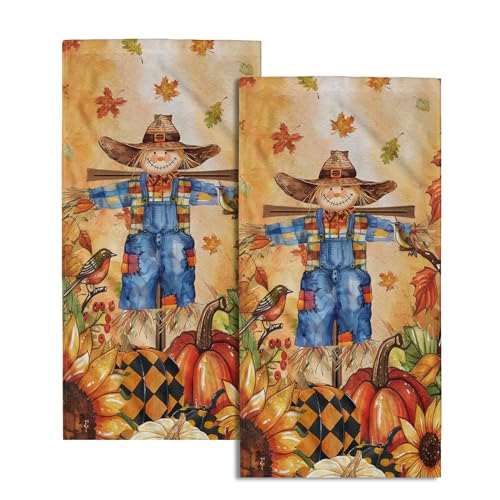 Giwawa Fall Scarecrow Hand Towels Set of 2 Autumn Pumpkin Bathroom Towel Seasonal Holiday Decorative Fingertip Towel Kitchen Fast Drying Washcloth - color: Autumn Farm Scarecrow