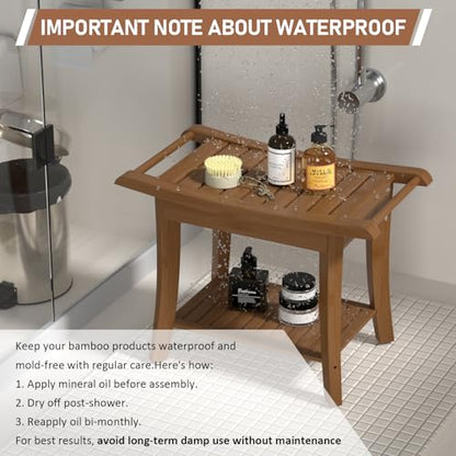 Bamboo Shower Stool Bench Waterproof with Storage Shelf for Shaving Legs or Spa Bath Seat in Bathroom & Inside Shower for Adults Seniors Elderly (24 x 13.4 x 18.5 inches+Walnut) - size: 24 x 13.4 x 18.5 inches+Walnut