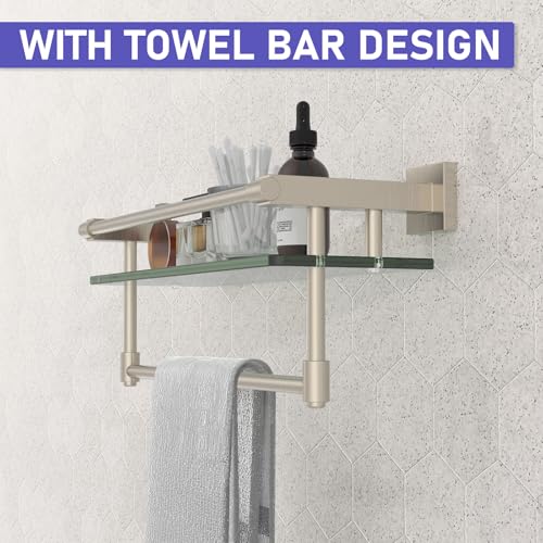 16-Inch Modern Glass Shelf with Towel Bar, 1-Shelf, Brushed Nickel Finish, Wall Mount, Bathroom Organizer - color: Brushed Nickel, size: 16-inch with Railing