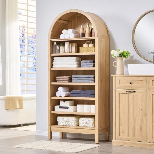 IFBUY 71" Tall Arched Bathroom Storage Cabinet, 7-Tier Modern Farmhouse Storage Cabinet with Adjustable Shelves, Wood Freestanding Cabinet for Bathroom, Living Room, Entryway, Hallway (Natural) - color: Natural, size: 71" Tall 7-Tiers(Large)