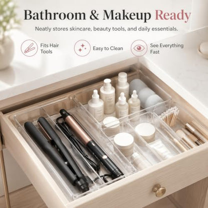 8 Pack Large Clear Plastic Drawer Organizer Bins - Acrylic Bathroom Drawer Organizer Trays - Heavy Duty Kitchen Drawer Dividers for Utensils - Non-Slip Storage Bins for Makeup, Bedroom, Office Desk - size: 8 Pack