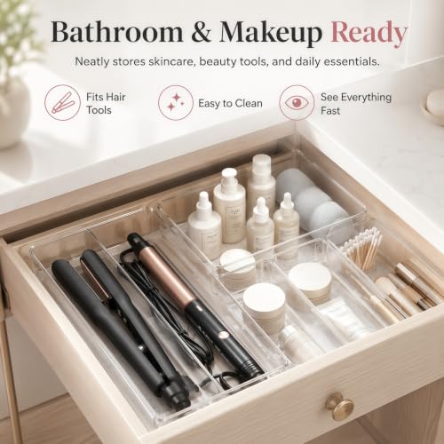 12 Pack Large Drawer Organizer Bins - Clear Plastic Bathroom Drawer Organizer Trays - Heavy Duty Kitchen Drawer Dividers for Utensils - Non-Slip Storage Bins for Makeup, Bedroom, Office Desk - size: 12 Pack