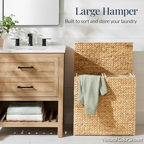 Best Choice Products Large Double Laundry Hamper with Lid, Natural Handwoven Water Hyacinth, 2 Sections w/ 2 Machine Washable Linen Liner Bags, Portable, Handles - Black - color: Black