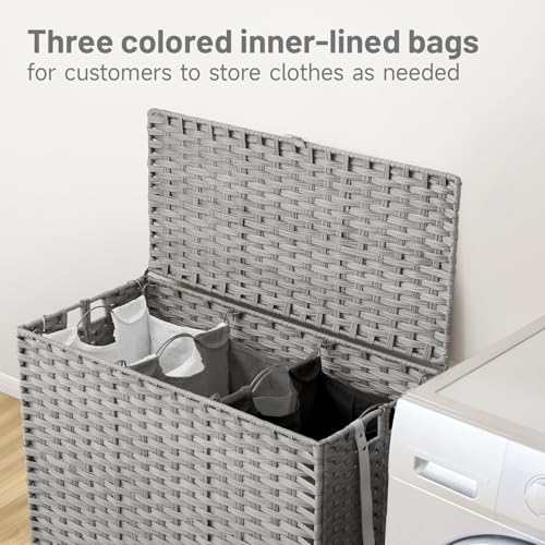 Laundry Hamper with Wheels, 60.72 Gallon(230L) Rolling Laundry Basket with Lid, Removable Large 3 Color Liners & 3 Mesh Laundry Bags, Clothes Hamper with Side Pocket, Grey - color: Grey, size: 35.43"L x 15.75"W x 25.6"H