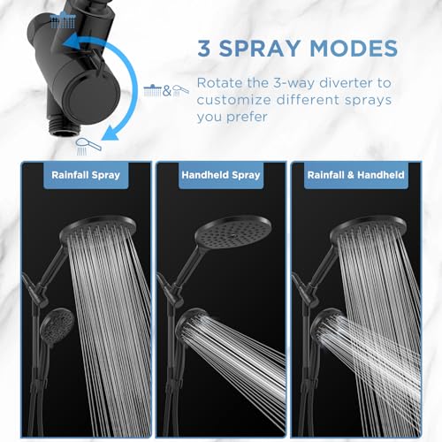 MakeFit Dual Handheld Shower Head Combo, 2-in-1 Rain Shower Heads System 8 Inch Rainfall Shower Head and 10 Modes High Pressure Hand Held Showerhead with Built-in Power Wash - color: Black, size: 8 Inch Standard