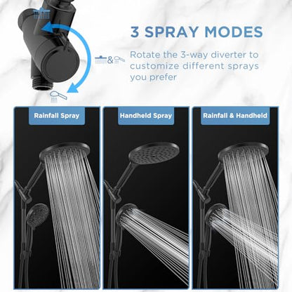 MakeFit Dual Handheld Shower Head Combo, 2-in-1 Rain Shower Heads System 8 Inch Rainfall Shower Head and 10 Modes High Pressure Hand Held Showerhead with Built-in Power Wash - color: Black, size: 8 Inch Standard