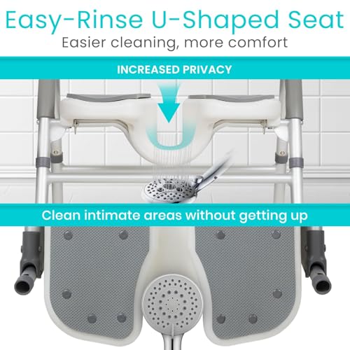 Vive Shower Chair for Elderly & Disabled - Handicap Bath Chair with Arms & U-Shape - Foldable, Adjustable Height - Padded Soaking w/Back & Drain Hole - Portable, Non-Slip, Safe Disability Aid | U-Shape - Foldable, Adjustable Height - Padded Soaking w/Back