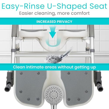 Vive Shower Chair for Elderly & Disabled - Handicap Bath Chair with Arms & U-Shape - Foldable, Adjustable Height - Padded Soaking w/Back & Drain Hole - Portable, Non-Slip, Safe Disability Aid | U-Shape - Foldable, Adjustable Height - Padded Soaking w/Back