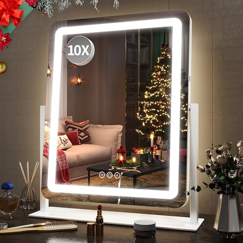 FENNIO Vanity Mirror with Lights 22 Inch- LED Lighted Makeup Mirror,Large Makeup Mirror with Lights,Touch Screen with 3-Color Lighting,Led Mirror Makeup,Dimmable(White) - color: White, size: 22"L x 19"W