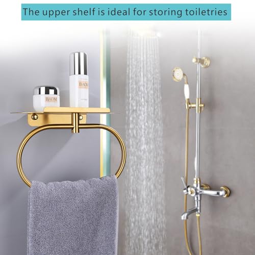 Towel Ring with Shelf, Heavy Duty Stainless Steel Bathroom Hardware, Adhesive No-Drill or Drill Mount Wall Mounted Towel Holder for Bathroom and Kitchen (Gold) - color: Gold
