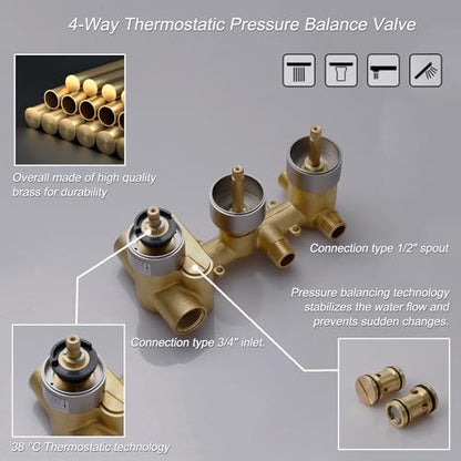 4 Way Thermostatic Shower Diverter System with 12 inch Shower Head and Tub Spout, Brushed Gold Bathroom Shower Faucet Set with 6 Body Jet and Handheld Spray - color: Brushed Gold, size: 12" Ceiling Shower