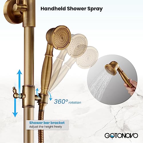 gotonovo Exposed Shower Faucet with Spout Antique Brass,Straight Pipe | Brass Bathroom Exposed Shower System,8’’ Rain Head,Swivel Tub Spout 2 Cross Handle,Adjustable Handheld Sprayer,Wall Mount - color: Antique Gold