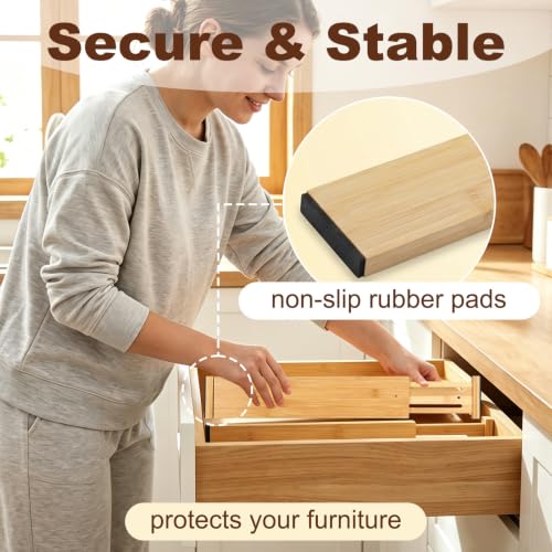 Joyeee Kitchen Drawer Dividers 6 Pack, 16.9-22.1" Adjustable Bamboo Drawer Organizer, 3.86" High Expandable Utensils Separators for Closet, Dresser, Bathroom, Bedroom, Office