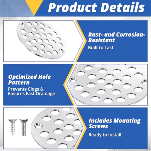 2pcs 4 Inch Round Screw-in Shower Drain Cover Replacement Easy-to-Install Floor Drain Grate with Screws Brushed Nickel (Bright Silver) - color: Chrome