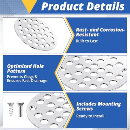 2pcs 4 Inch Round Screw-in Shower Drain Cover Replacement Easy-to-Install Floor Drain Grate with Screws Brushed Nickel (Bright Silver) - color: Chrome