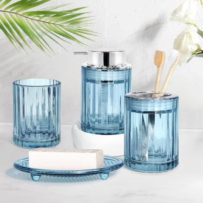 CERBIOR Bathroom Accessories Set, 4 PCS Glass Bathroom Set,Silver Blue | Includes Soap Dispenser, Toothbrush Holder, Toothbrush Cup, Soap Dish for Decorative Countertop and Housewarming Gift - style: Silver Blue