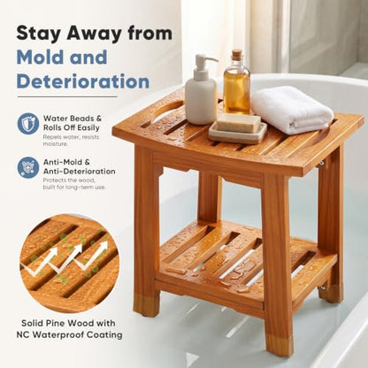 DUMOS Wooden Shower Bench, 18" Waterproof Shower Stool for Inside Showers | Non-Slip Bathroom Bench with Shelf & Handles for Senior Adult, Disabled Elderly, 300 LBS Capacity, Brown - size: 14"W